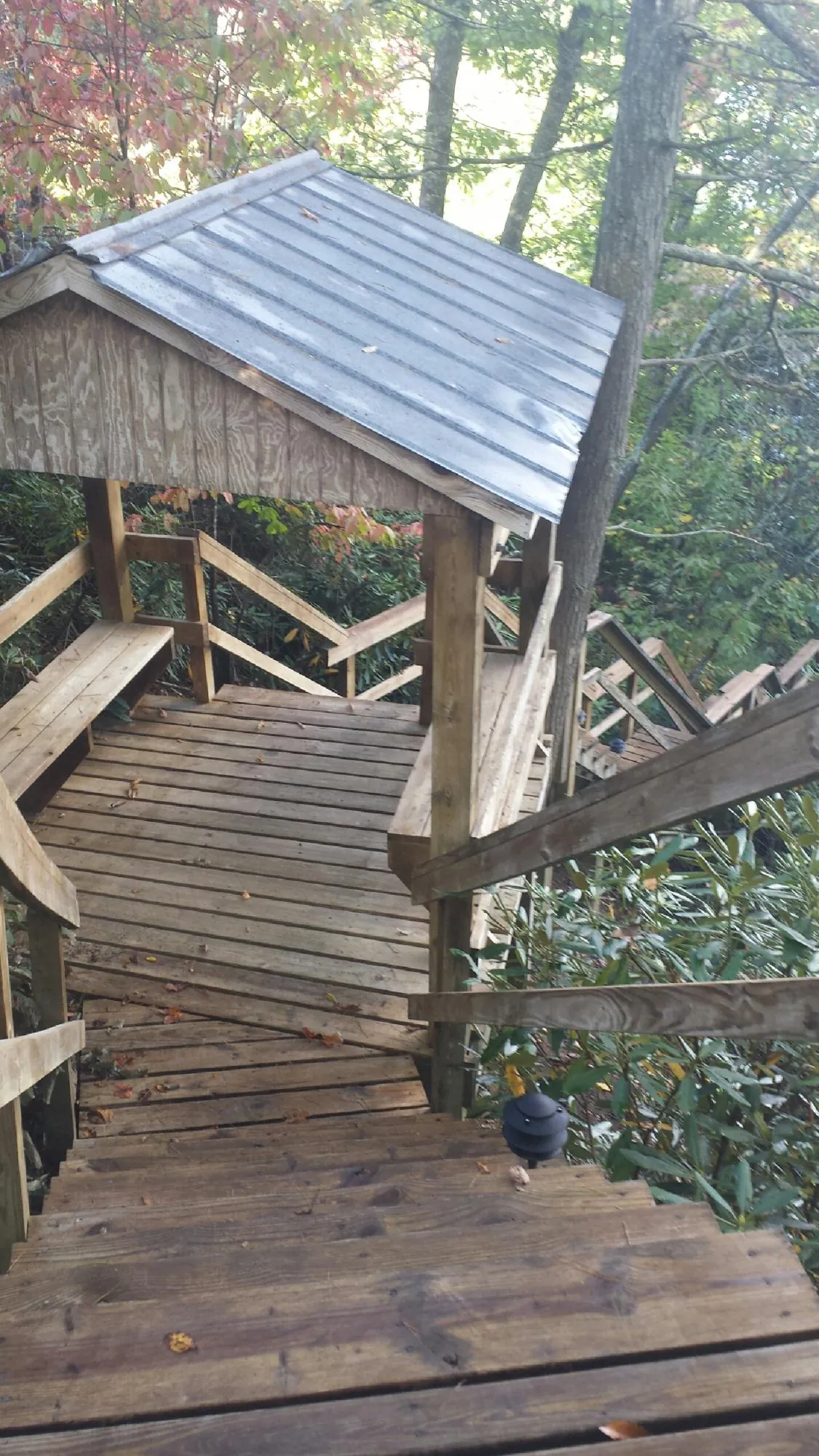 Metal roofed shelter over wooden steps on a wooded walkway — Skylight Repair & Installation work by our crew in Harrah